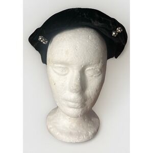 Vintage Gail Hall Exclusive Black Velvet Cocktail Hat Rhinestones 1950s